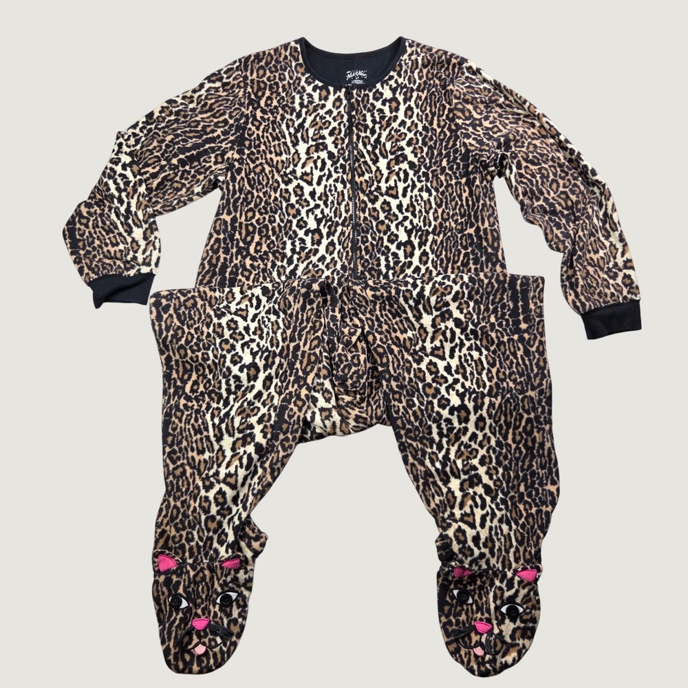 Nick & Nora Footed Pajamas Women XL Leopard Print Brown Fleece Cat Face Zip Up